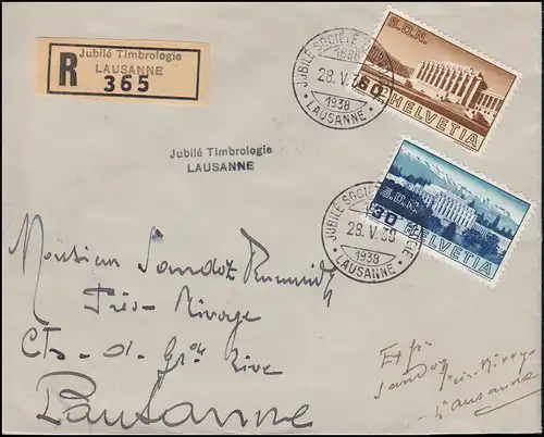 Schweiz 322+323 Völkerbund-Palast auf Orts-R-Brief mit SSt LAUSANNE 28.5.38