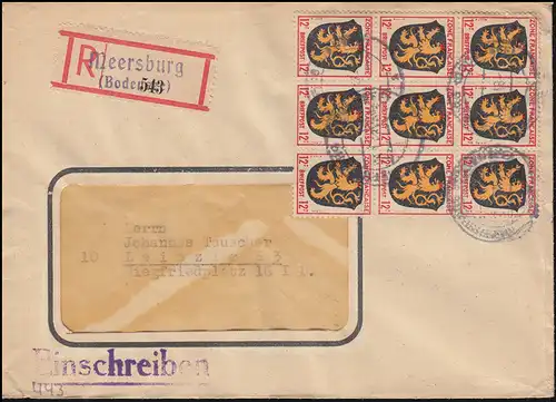 6 Wappen als 9er-Block portogerechte EF R-Brief MEERSBURG 28.1.48 nach Leipzig