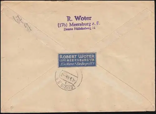 6 Wappen als 9er-Block portogerechte EF R-Brief MEERSBURG 28.1.48 nach Leipzig