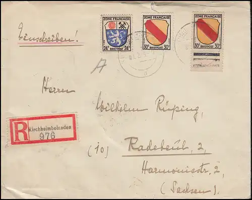 9+10 Wappen-Mischfrankatur auf R-Brief KIRCHHEIMBOLANDEN nach RADEBEUL 26.12.46