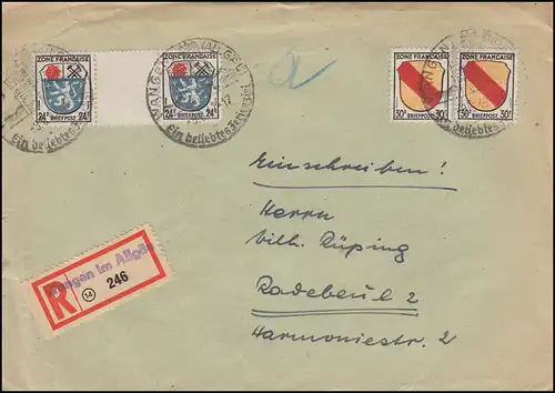 9 ZW Wappen Zwischenstegpaar mit 10 Wappen 30 Pf. MiF R-Bf. SSt WANGEN 9.6.1947