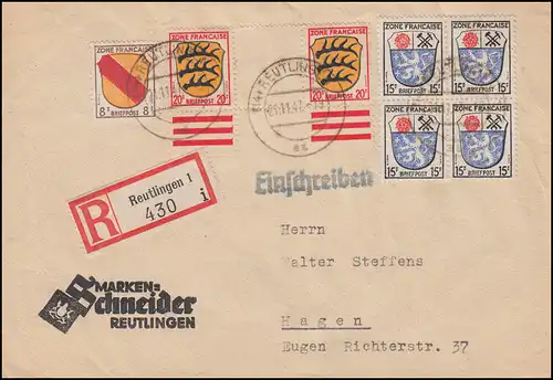 8 ZW Wappen Zwischenstegpaar mit Rand + Zusatzfr. MiF R-Bf. REUTLINGEN 21.11.47 