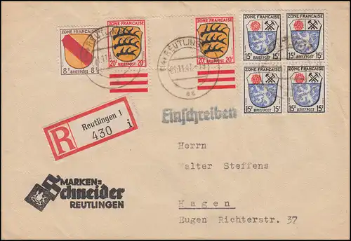 8 ZW Wappen Zwischenstegpaar mit Rand + Zusatzfr. MiF R-Bf. REUTLINGEN 21.11.47