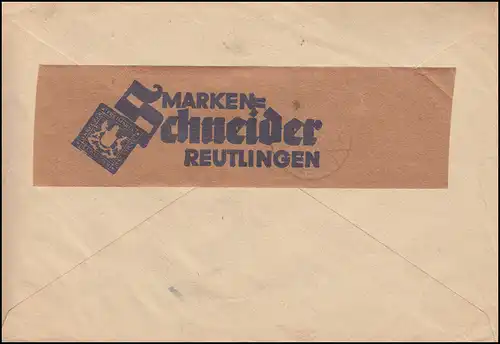 8 ZW Wappen Zwischenstegpaar mit Rand + Zusatzfr. MiF R-Bf. REUTLINGEN 21.11.47 