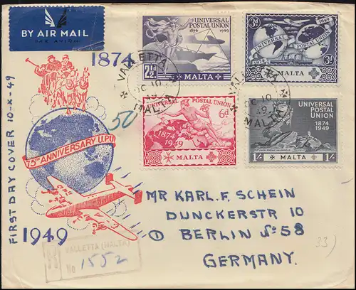 Malta 216-219 Weltpostverein UPU Schmuck-R-FDC Not-R-Stempel VALLETTA 10.10.1949
