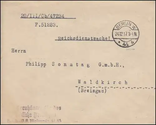 Reichsdienstsache Reichsamt des Innern Brief BERLIN 24.12.1917, INFLA-geprüft