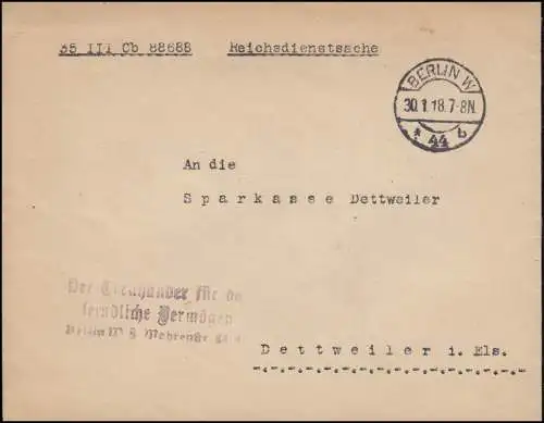 Affaire de service du Reich Office du reich de l'intérieur Lettre BERLIN 30.1.1918 à Dettweiler
