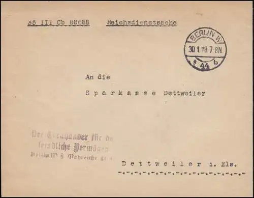 Reichsdienstsache Reichsamt des Innern Brief BERLIN 30.1.1918 nach Dettweiler