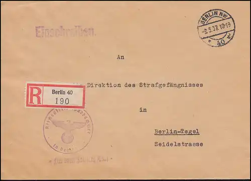 Frei durch Ablösung Reichsdiziplinarkammer BERLIN 9.3.1937 Orts-Brief  