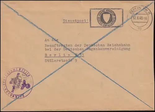 Dienstpost Reichsbahnzentralamt Berlin 17.6.1940 mit Bahnpost BDS mit Zug