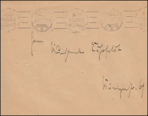 Tampon de fermeture à bar MUNICH 5 PF. FRANCO PAYE 3.5.1920 sur impression