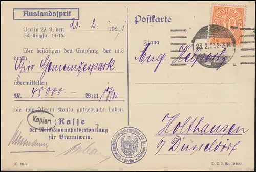 20 Dienstmarke als EF auf Postkarte Reichverwaltung Branntwein BERLIN 23.2.1921