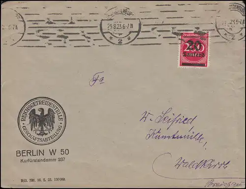 282II Infla 20 Tsd auf 200 M als EF auf Brief BERLIN-CHARLOTTENBURG 29.8.1923