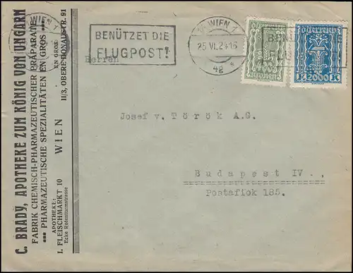 386+395 Freimarken-MiF auf schwerem Brief ab WIEN 25.6.1924 nach Budapest