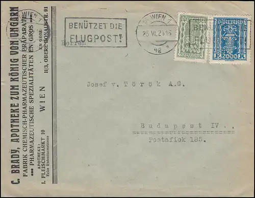 386+395 MiF de timbres francs sur une lettre lourde à partir de VIENNE 25.6.1924 à Budapest