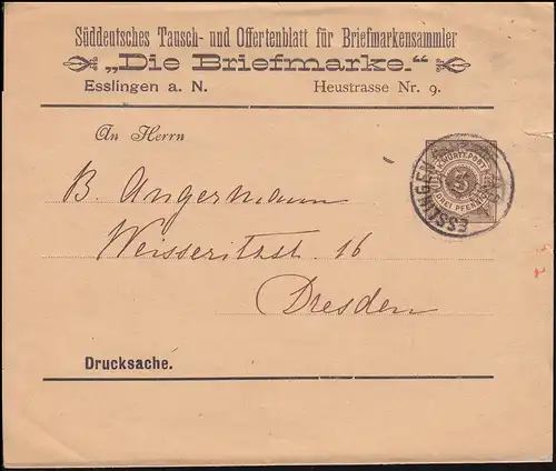 Württemberg PS 2 Streifband-Drucksache Die Briefmarke ESSLINGEN-BAHNHOF 2.6.1896