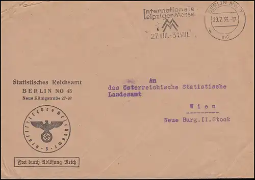 Frei durch Ablösung Statistisches Reichsamt BERLIN 29.7.1939 Brief nach Wien