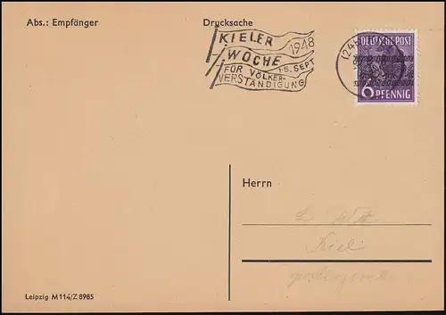 37 Band 6 Pf auf Postkarte Werbe-Stempel KIELER WOCHE Völkerverständigung 1948 