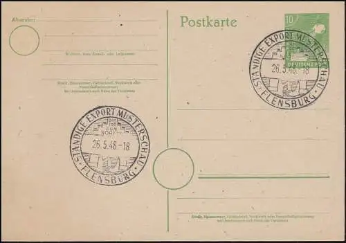 SSt FLENSBURG Exporter permanent Show modèle 26.7.1948 sur carte postale blanche P 961