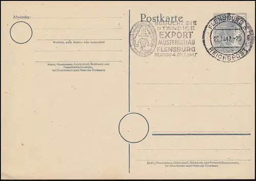 Werbestempel FLENSBURG REICHSPOST EXPORT-Musterschau 22.1.47 auf Postkarte P 962