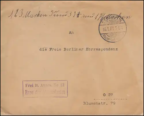Frei laut Avers Nr. 21 Haus der Abgeordneten als Orts-Brief BERLIN 10.1.1909