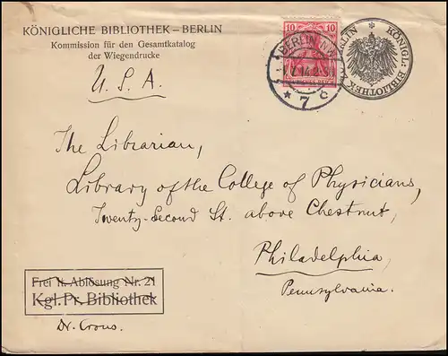 Germania 10 Pf EF auf Umschlag Königliche Bibliothek BERLIN 1.7.1914 in die USA