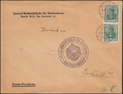 85I Germania MeF auf Rückumschlag Auskunftsstelle für Auswanderer CÖLN 6.12.1915