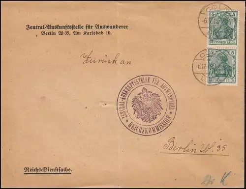 85I Germania MeF auf Rückumschlag Auskunftsstelle für Auswanderer CÖLN 6.12.1915