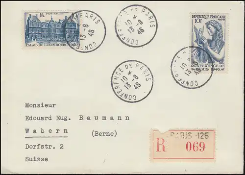 Frankreich 764 Friedenskonferenz mit 758 R-Brief mit R-Zettel PARIS SSt 13.8.46