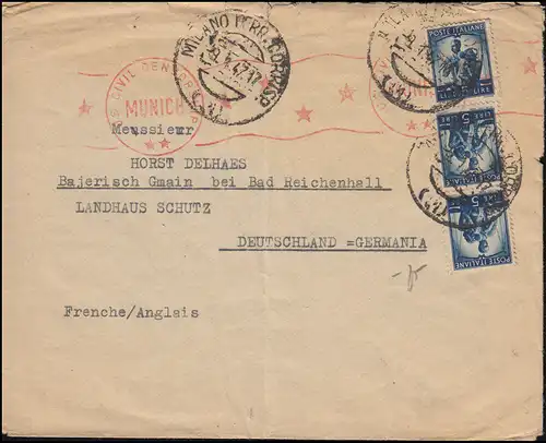 Zensur U.S. CIVIL CENSORSHIP MUNICH aus Italien MILANO 9.1.47 n. Bad Reichenhall