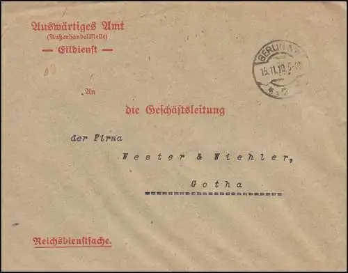 Reichsdienstsache Auswärtiges Amt Außenhandelsstelle BERLIN 15.11.19 nach Gotha