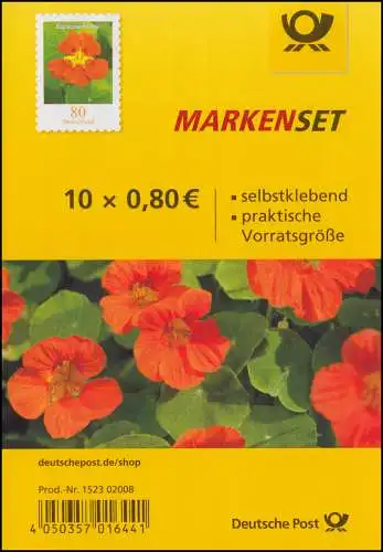 FB 89a Blume Kapuzinerkresse, Folienblatt mit 10x 3482, - 02008, postfrisch **