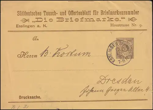 Württemberg PS 2 chiffre Objet imprimé Le timbre ESSLINGEN-BAHNHOF 13.5.1895
