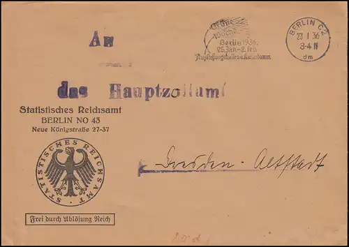 Frei durch Ablösung Reich Statistisches Reichsamt BERLIN Grüne Woche 23.1.1936