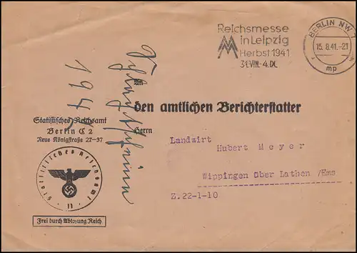 Frei durch Ablösung Reich Statistisches Reichsamt BERLIN 15.8.41 nach Wippingen