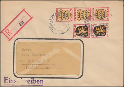 6+8 Blagues gratuites 12+20 Pf MiF sur lettre R Not-R-Zettel MersbuRG 30.9.1947