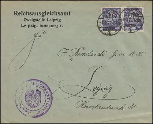 26 Dienstmarke Paar als MeF Orts-Brief Reichsausgleichsamt LEIPZIG 6.9.1921 