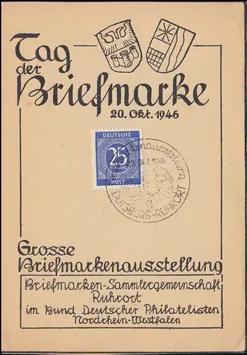 Tag der Briefmarke Briefmarkenausstellung SSt DUISBURG-RUHRORT 20.10.1946