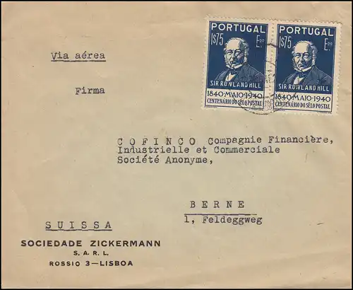 629 Rowland Hill 1,75 E Paar auf Auslandsbrief LISSABON 1941 nach Bern / Schweiz