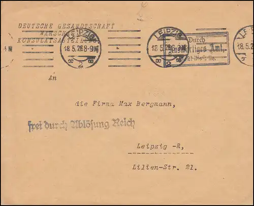 Frei durch Ablösung Reich Gesandtschaft Warschau, Orts-Brief LEIPZIG 18.5.1926
