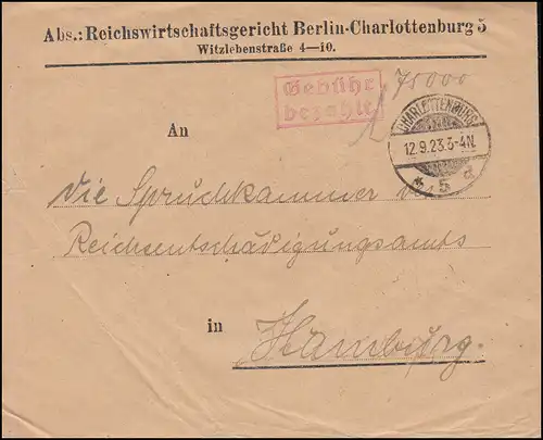 Infla-Expédition d'urgence Frais-payé-temple Reichswirtschaftsgericht BERLIN 12.9.23