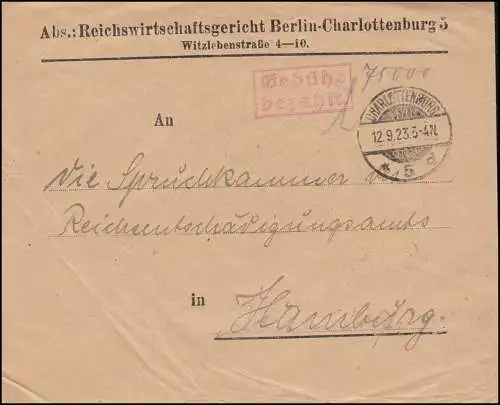 Infla-Notausgabe Gebühr-bezahlt-Stempel Reichswirtschaftsgericht BERLIN 12.9.23