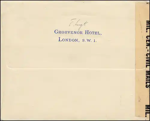 Censuration U.S. CIVIL CENSORSHIP 20586 Germany sur la lettre d'Angleterre LONDON 3.7.1946