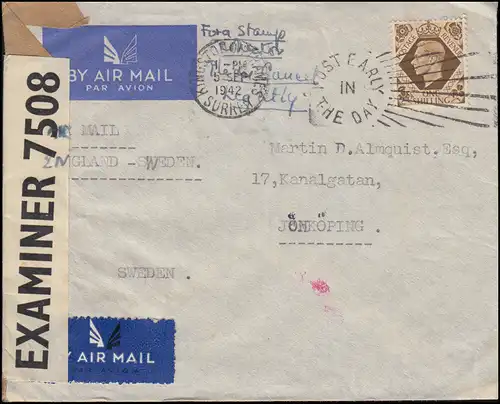 Censure OPEND BY EXAMINER 7508 Lettre de l'Angleterre KINGSTON 5.9.1942 vers la Suède