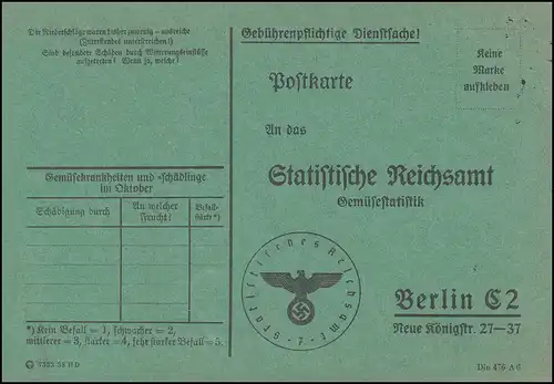 Portopflichtige Dienstsache Statistisches Reichsamt Berlin Gemüsestatistik 1938