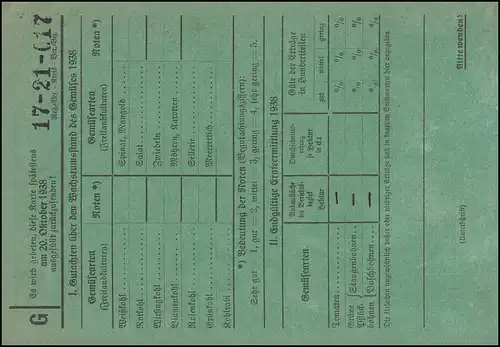 Portopflichtige Dienstsache Statistisches Reichsamt Berlin Gemüsestatistik 1938