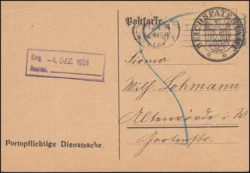 Portopflichtige Dienstsache Reichspatentamt BERLIN 2.12.1924 nach Altenmünster