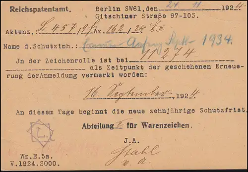 Portopflichtige Dienstsache Reichspatentamt BERLIN 2.12.1924 nach Altenmünster