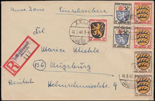 3ff-Frankatur blason sur lettre R Not-R-Zettel ZELL (MOSEL) 11.5.46 vers Augsbourg
