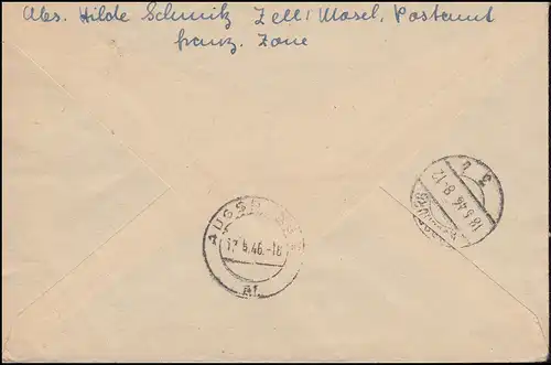 3ff-Frankatur blason sur lettre R Not-R-Zettel ZELL (MOSEL) 11.5.46 vers Augsbourg